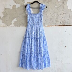 Altar'd State Maxi Dress Floral Ruffle Blue White Smocked Feminine Cottagecore M